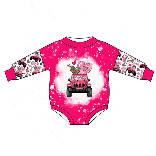 (Custom Design MOQ 5)  Hot Pink Heart Truck LOVE Print Baby Girls Valentine's Day Romper