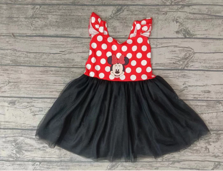 (Custom Design MOQ 5) Cartoon Mouse Black Tulle Girls Knee Length Dress