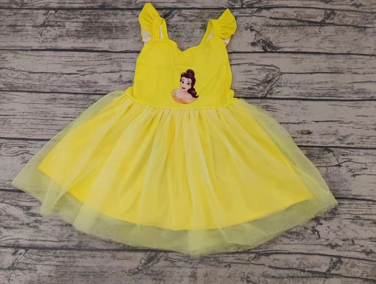 (Custom Design MOQ 5) Cartoon Princess Yellow Tulle Girls Knee Length Dress