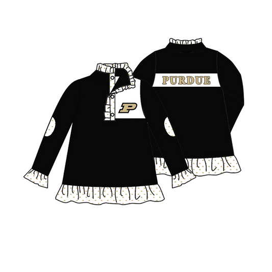 (Custom Design MOQ 5) Girls black football team's long sleeve button pullover shirts