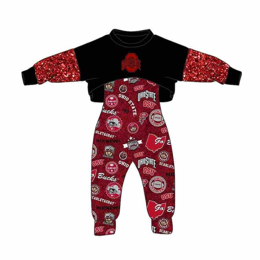 (Custom Design MOQ 5) Wine Football Team's Girls Jumpsuits Clothes Set