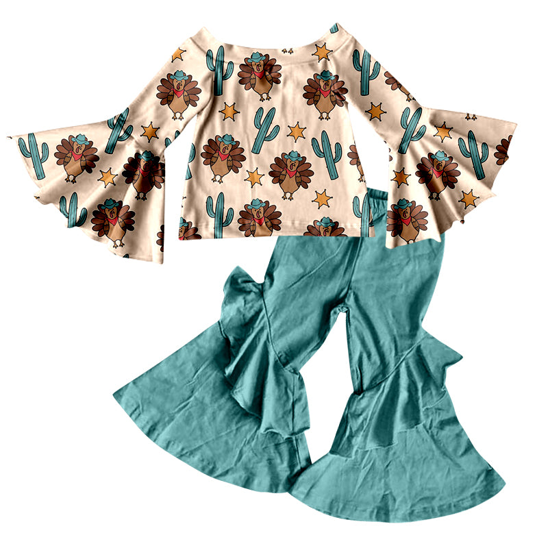 (Custom Design MOQ 5) Cactus Turkey Print Bell Pants Girls Thanksgiving Western Clothes Set