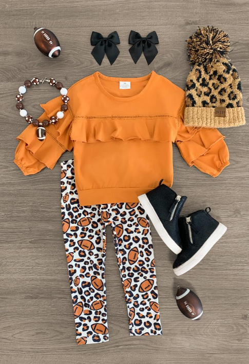 (Custom Design MOQ 5) Orange Top Football Leopard Legging Pants Girls Clothes Set