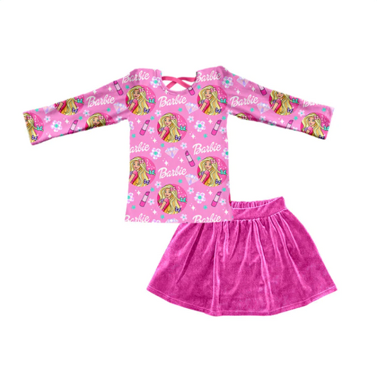 (Custom Design MOQ 5) Pink BA Print Velvet Skirts Girls Clothes Set