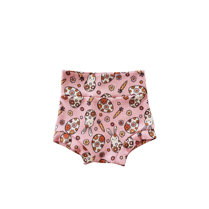 (Custom Design MOQ 5) Bunny Carrot Flowers Pink Print Baby Girls Easter Bummie Shorts