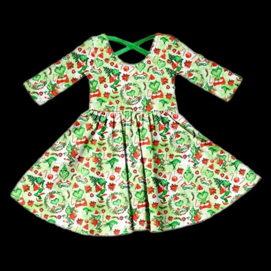 (Custom Design MOQ 5) Green Christmas Frog Face Print Girls Knee Length Dress