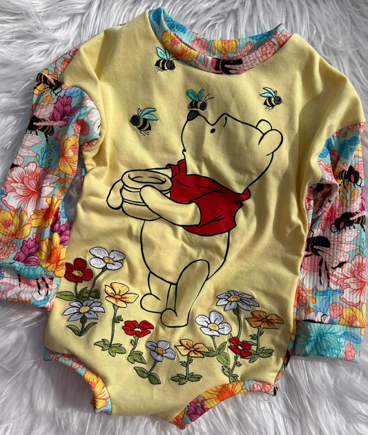 (Custom Design MOQ 5) Yellow Cartoon Bear Flowers Print Baby Girls Romper