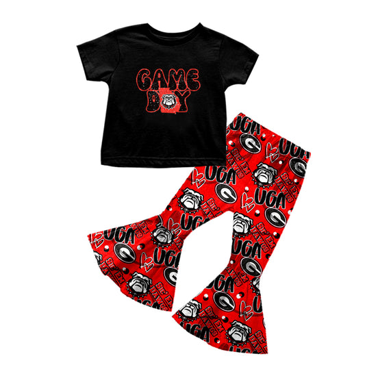 (Custom Design MOQ 5)  Game Day Black Football Team's Bell Pants Girls Clothes Set