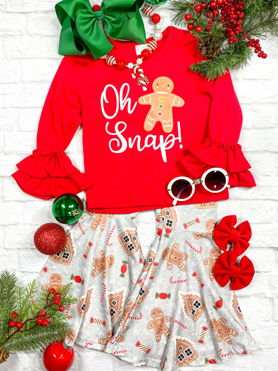 (Custom Design MOQ 5) Gingersnap Print Girls Christmas Clothes Set