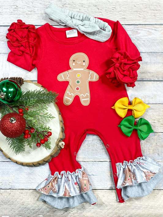 (Custom Design MOQ 5) Gingersnap Print Baby Girls Christmas Romper