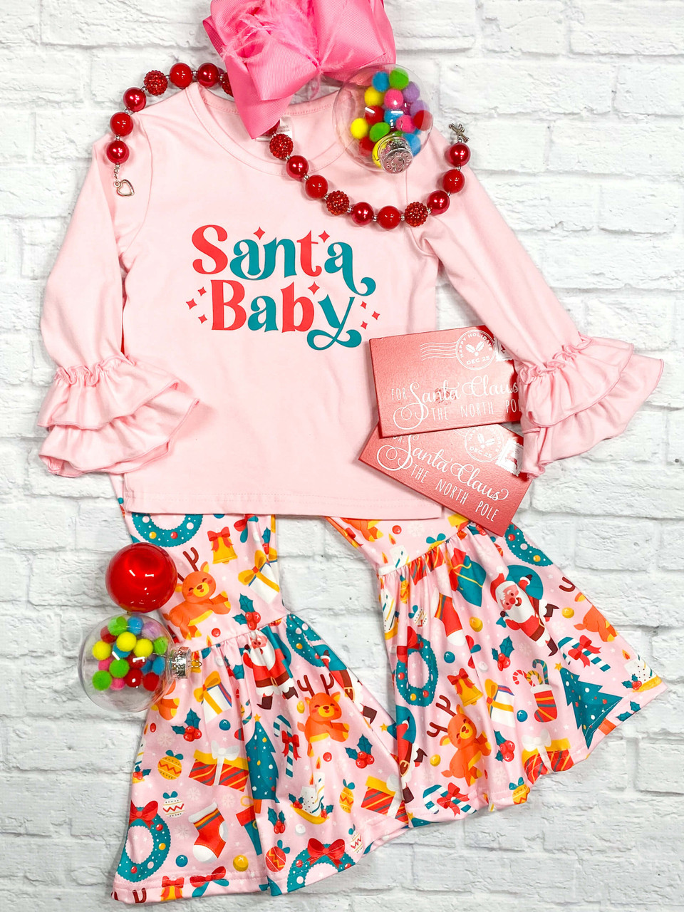 (Custom Design MOQ 5) Pink Santa Baby Print Girls Christmas Clothes Set