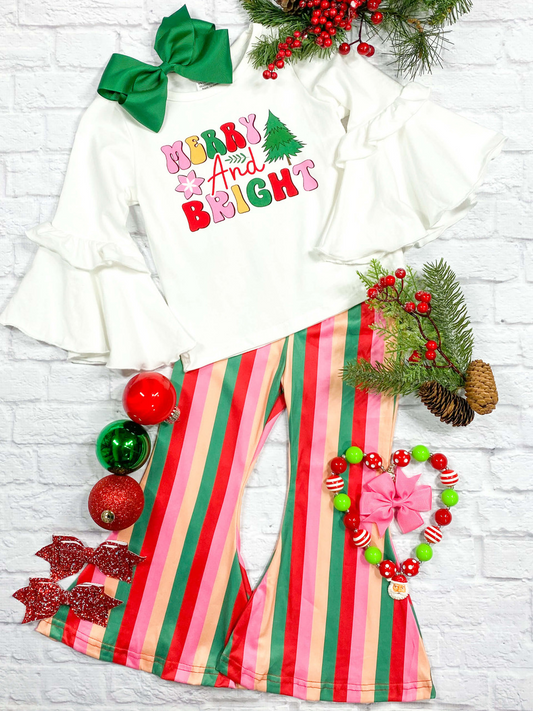 (Custom Design MOQ 5) Merry And Bright Top Stripes Bell Pants Girls Christmas Clothes Set