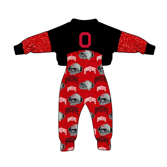 (Custom Design MOQ 5)  Red Football Team's Girls Jumpsuits Clothes Set