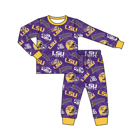 (Custom Design MOQ 5)  Purple Football Team's Pants Girls Pajamas Clothes Set