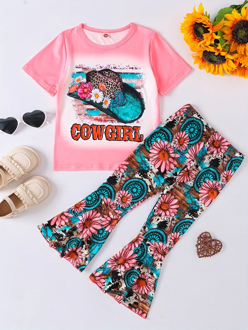 (Custom Design MOQ 5) Pink Cowgirl Flowers Hat Print Bell Pants Girls Western Clothes Set