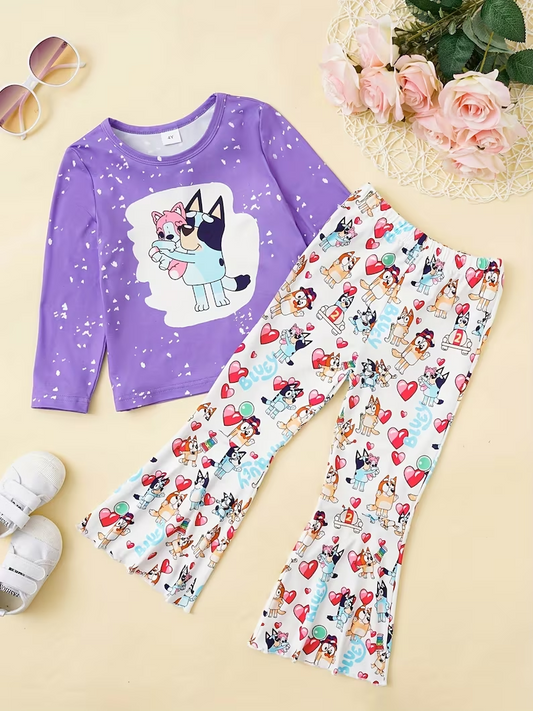 (Custom Design MOQ 5) Purple Cartoon Dog Heart Print Bell Pants Girls Clothes Set