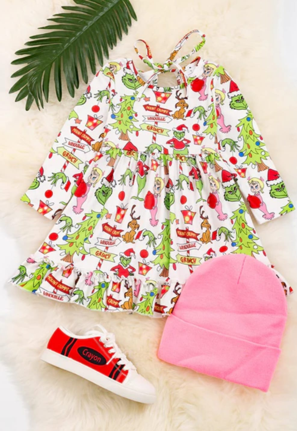 (Custom Design MOQ 5)  Christmas Frog Print Girls Knee Length Dress