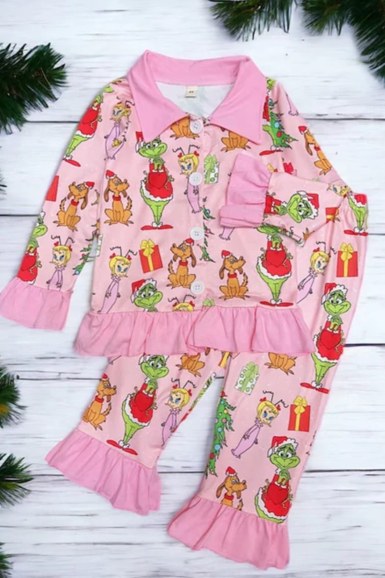 (Custom Design MOQ 5) Pink Christmas Frog Print Girls Button Pajamas Clothes Set