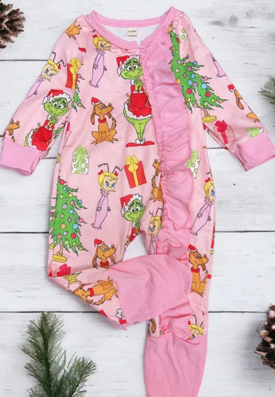 (Custom Design MOQ 5) Pink Christmas Frog Print Baby Girls Zipper Romper