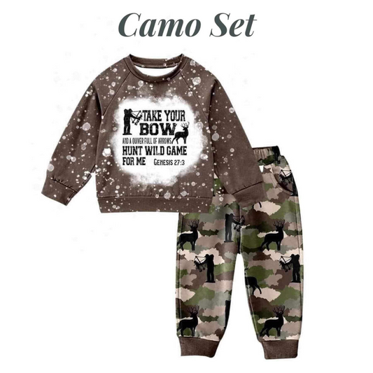 (Custom Design Preorder MOQ 5) Take You Bow Deer Camo Print Boys Hunting Clothes Set