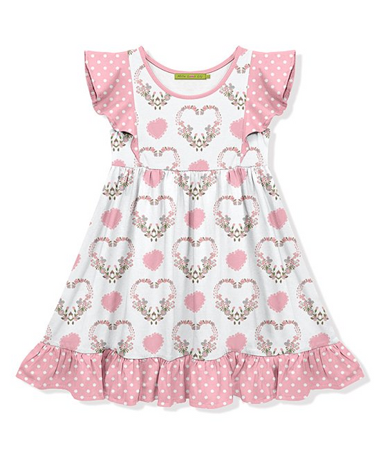 (Custom Design Preorder MOQ 5) Pink Flowers Heart Print Girls Knee Length Valentine's Dress