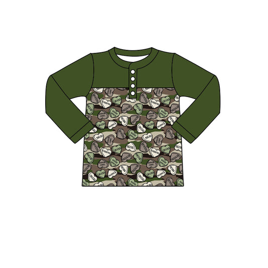 (Custom Design MOQ 5) Green Camo Heart XOXO Print Boys Button Valentine's Day Tee Shirts Top