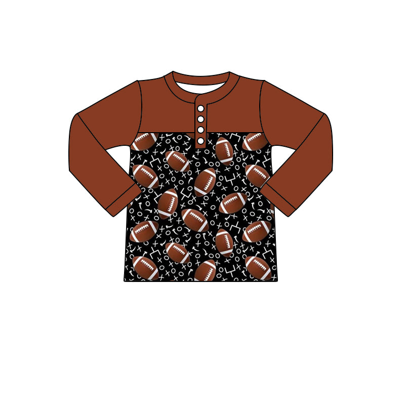 (Custom Design MOQ 5) Brown Football Print Boys Button Tee Shirts Top