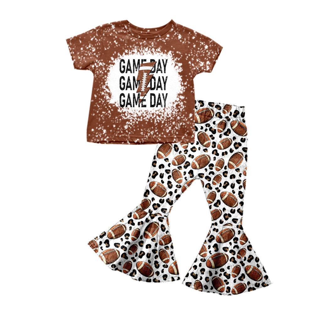 (Custom Design MOQ 5) Game Day Brown Football Leopard Bell Pants Girls Clothes Set