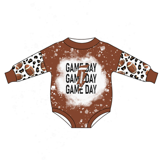 (Custom Design MOQ 5) Game Day Brown Football Leopard Baby Romper