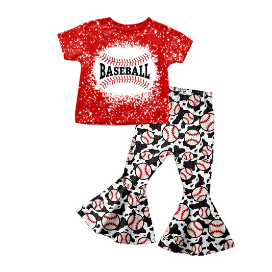 (Custom Design MOQ 5) Red Baseball Bell Pants Girls Clothes Set