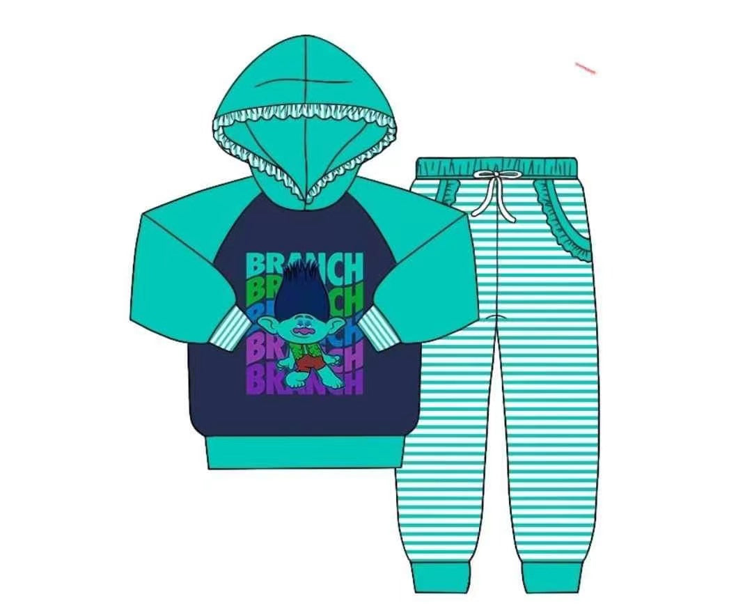 (Custom Design MOQ 5)  Green Cartoon Character Print Girls Hoodie Clothes Set