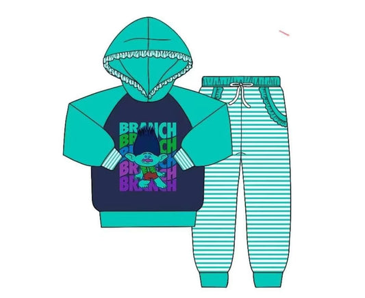 (Custom Design MOQ 5)  Green Cartoon Character Print Girls Hoodie Clothes Set