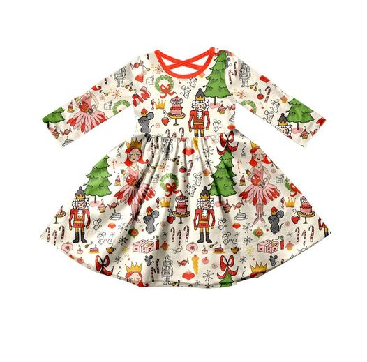 (Custom Design MOQ 5)  Christmas Soldier Print Girls Knee Length Dress