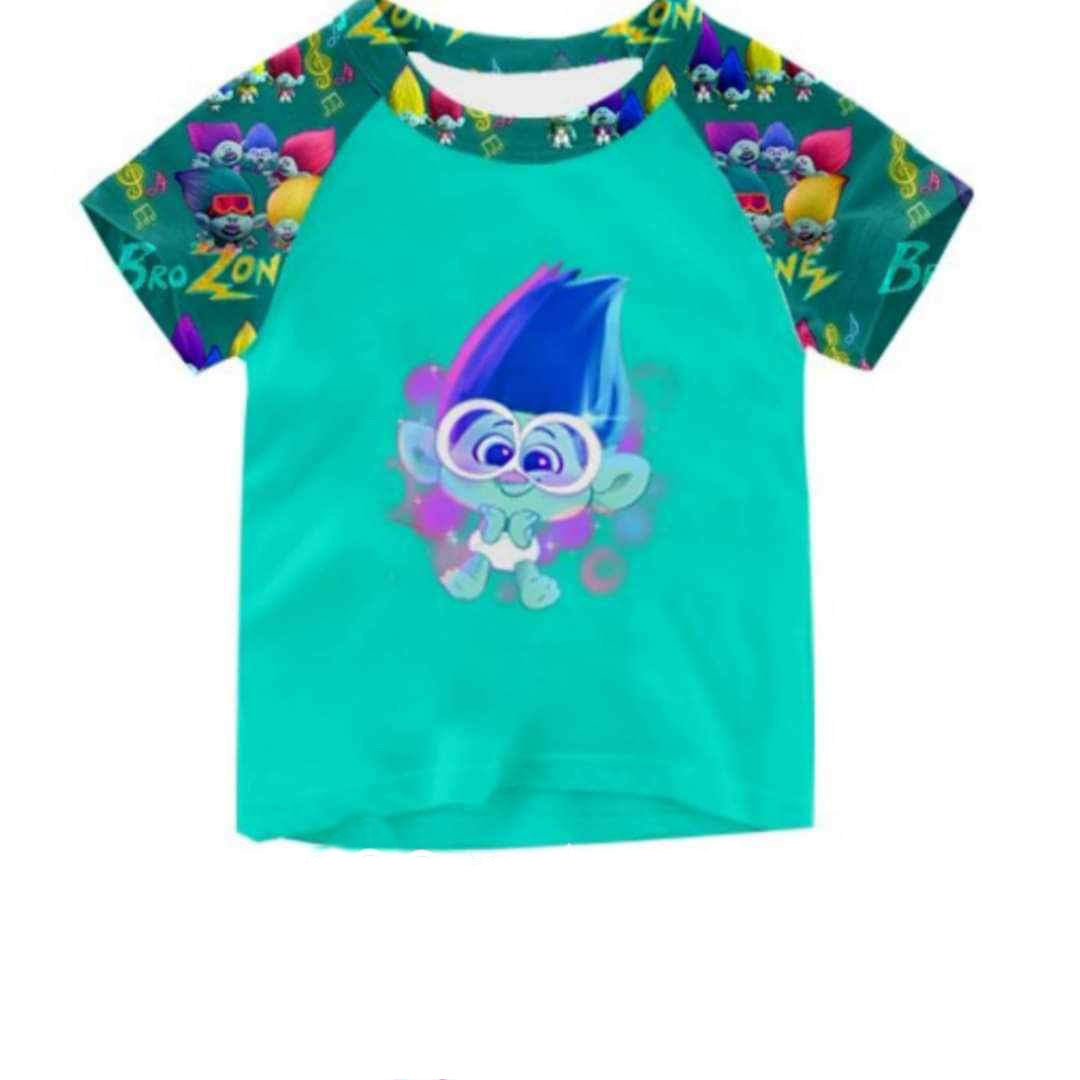 (Custom Design MOQ 5)  Green Cartoon Character Print Boys Raglan Sleeve Tee Shirts Top