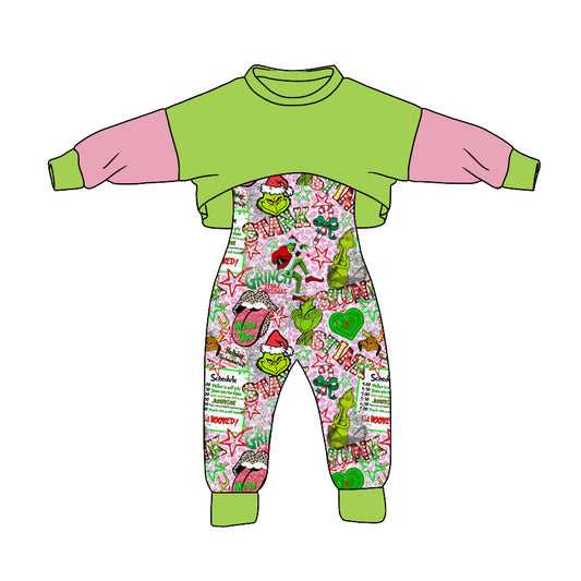 (Custom Design MOQ 5) Christmas Frog Print Girls Jumpsuit Clothes Set