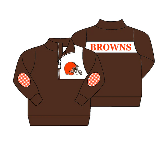 (Custom Design MOQ 5)   Boys brown football team's long sleeve zipper pullover shirts