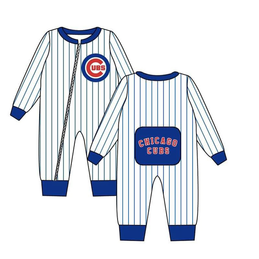 (Custom Design MOQ 5)  Blue Football Team's Print Baby Boys Zipper Romper