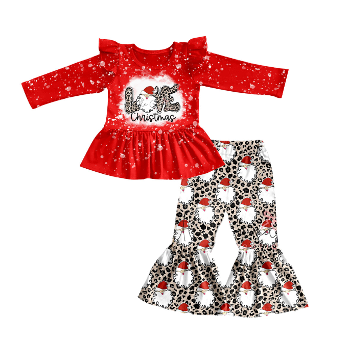 (Custom Design MOQ 5) Santa Leopard Bell Pants Girls Christmas Clothes Set