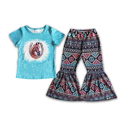 (Custom Design MOQ 5) Horse Aztec Bell Pants Girls Western Clothes Set