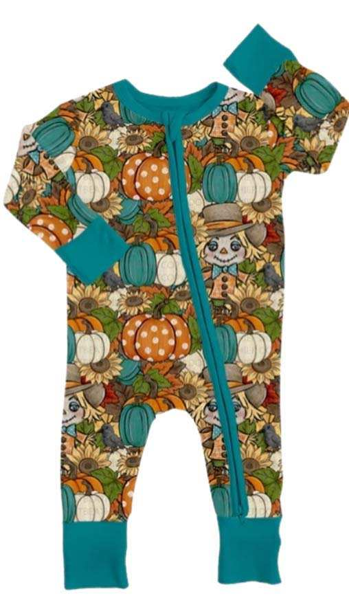 (Custom Design MOQ 5) Fall Pumpkin Scarecrow Print Baby Zipper Romper