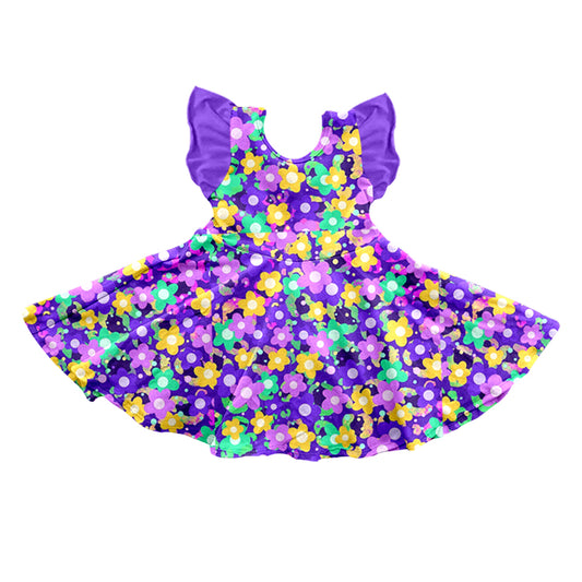 (Custom Design Preorder MOQ 5) Purple Flowers Print Girls Knee Length Mardi Gras Dress