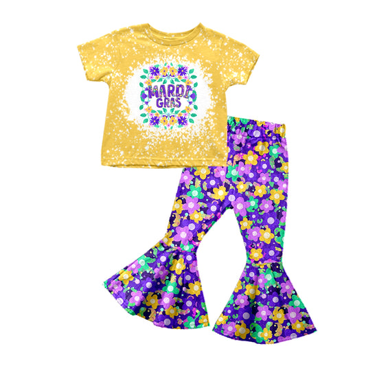 (Custom Design Preorder MOQ 5) Purple Flowers Print Girls Mardi Gras Clothes Set