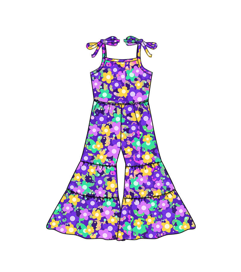 (Custom Design Preorder MOQ 5) Purple Flowers Print Girls Mardi Gras Jumpsuit