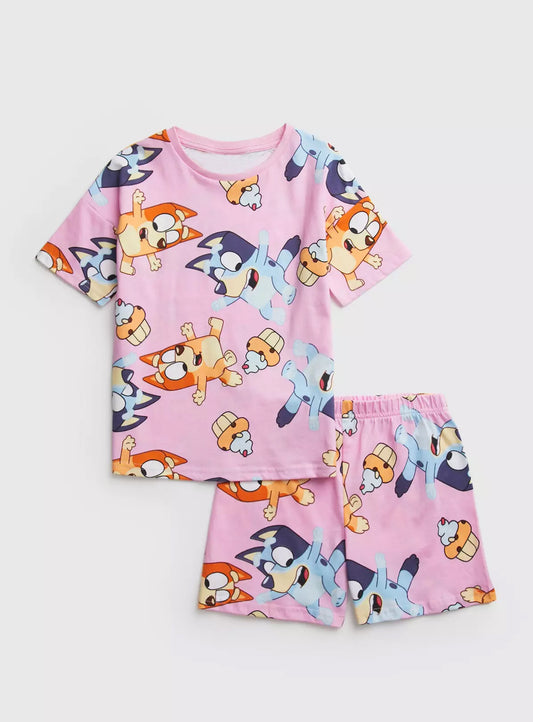 (Custom Design MOQ 5)  Pink Cartoon Dog Print Girls Summer Pajamas Clothes Set