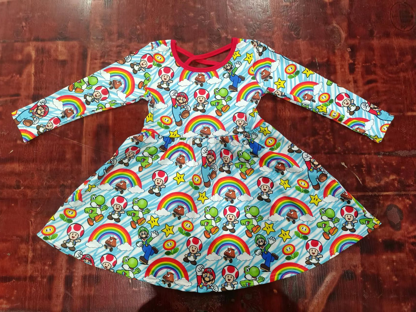 (Custom Design Preorder MOQ 5) Cartoon Game's Rainbow Print Girls Knee Length Dress