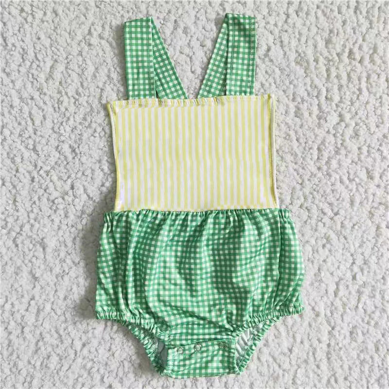 (Custom Design MOQ 5) Green Plaid Baby Summer Romper