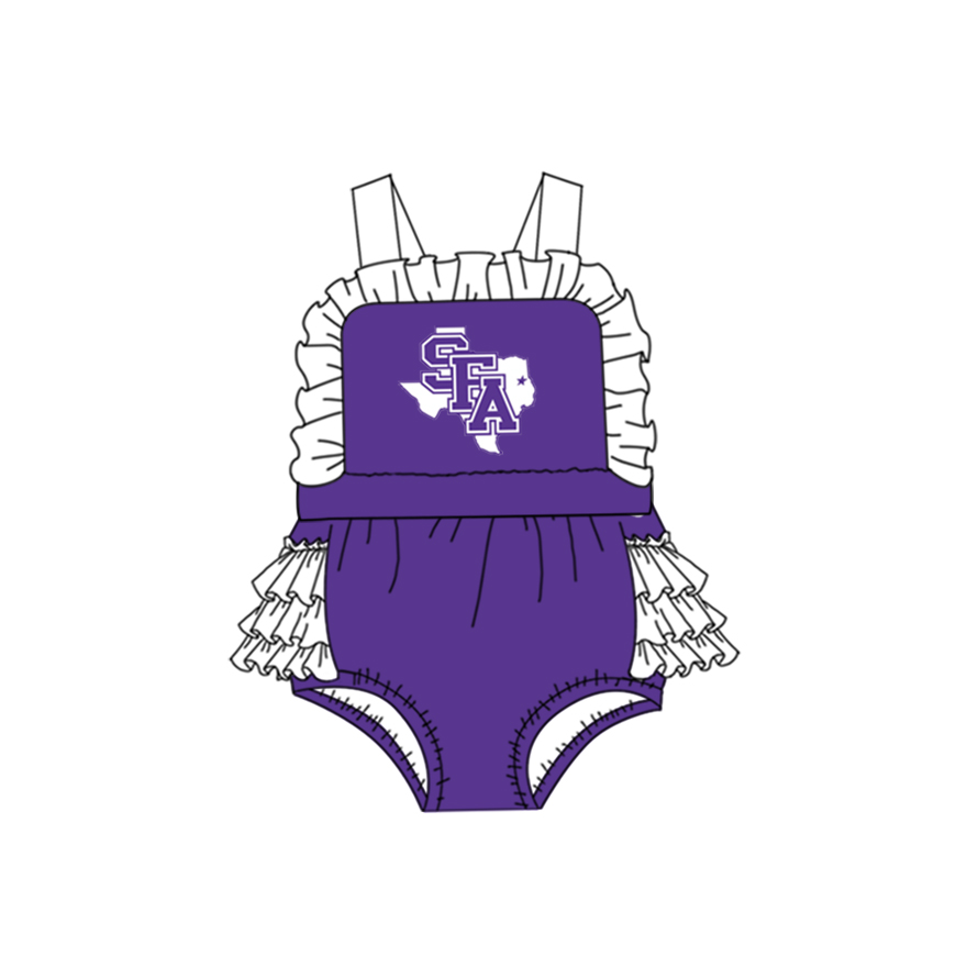 (Custom Design MOQ 5) Purple Football Team's Print Baby Girls Bubble Romper