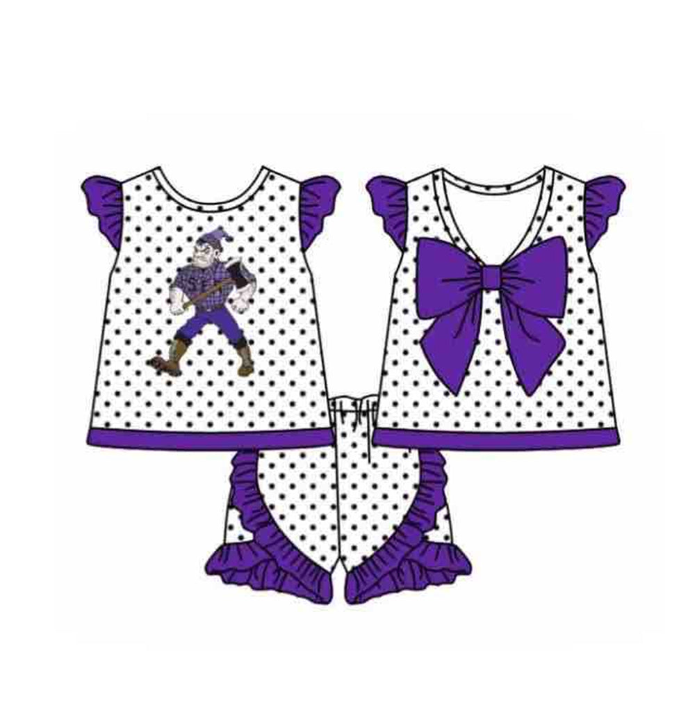 (Custom Design MOQ 5)  Girls Purple Football Team's Print Shorts Clothes Set