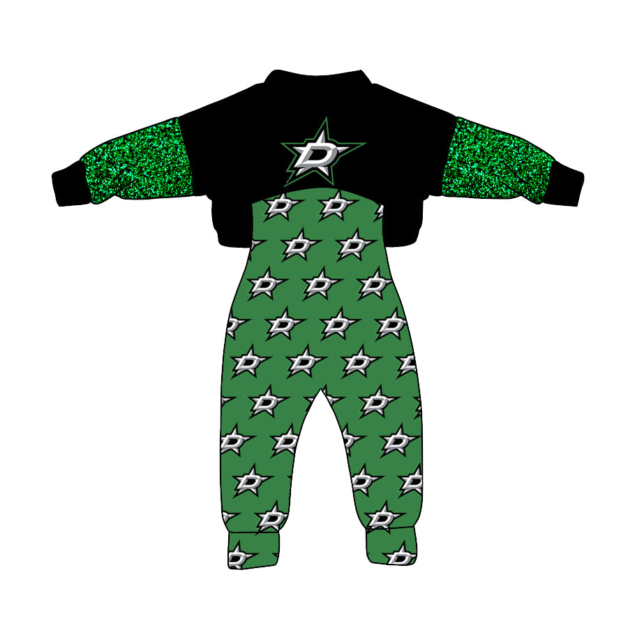 (Custom Design MOQ 5)  Green Football Team's Girls Jumpsuits Clothes Set