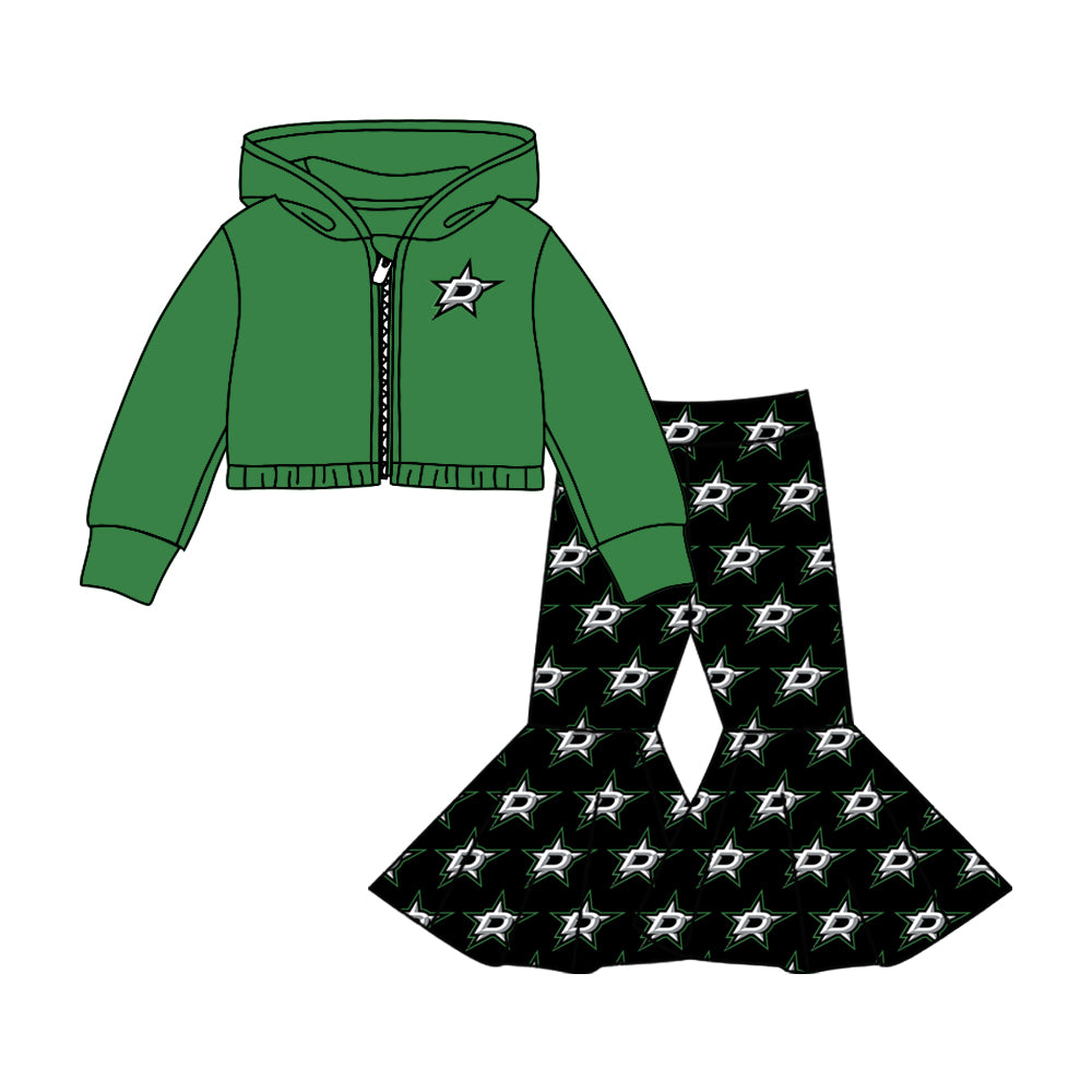 (Custom Design MOQ 5) Football team's bell pants green hoodie jacket top girls clothes set